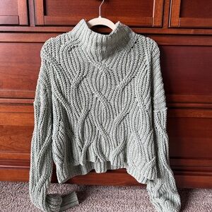 Free People Sage Green Cable Knit Turtleneck Sweater